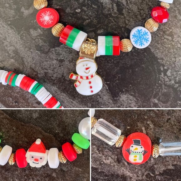Christmas Themed Beaded Stretch Bracelets Set Of 4 With Charms in Red Green - Picture 3 of 9